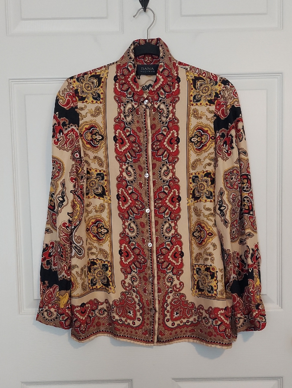 100% Silk Paisley Scarf Print Button Down Blouse M